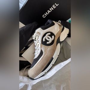 Chanel Calfskin & Fabric sneakers - white black beige and gold